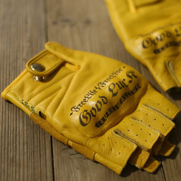 Yellow First Layer Cowhide Half Finger Motorcycle Gloves - Image 5