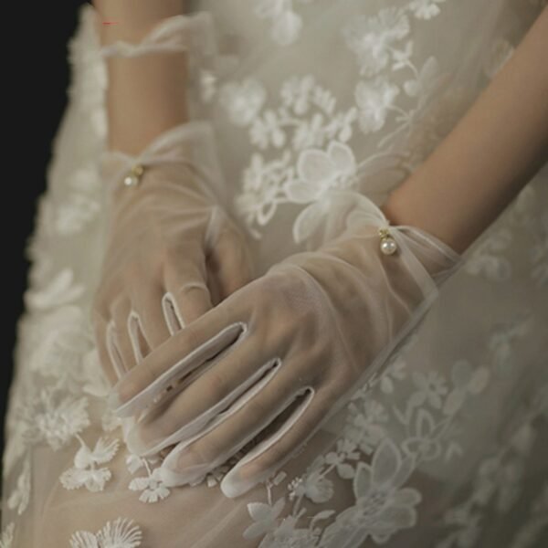 Bridal Gloves Pearl Lace Bow - Image 7