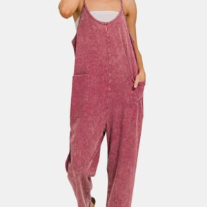 Zenana Washed Spaghetti Straps Overalls With Pockets