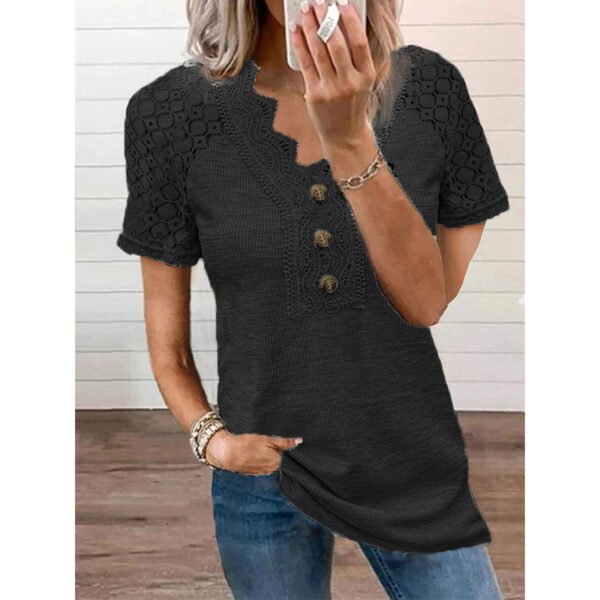 Casual Solid Color Lace V-neck Patchwork Top T-shirt With Short Sleeves - Image 3