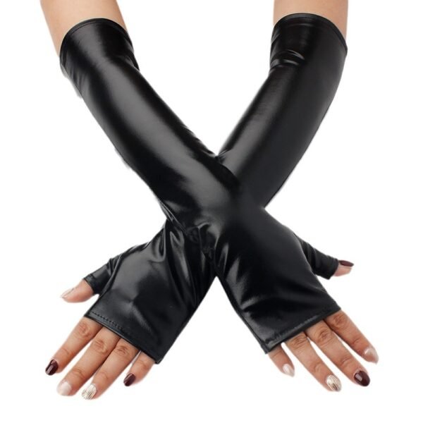 Elastic Tight Patent Mid-length Open Finger Leather Gloves - Image 5