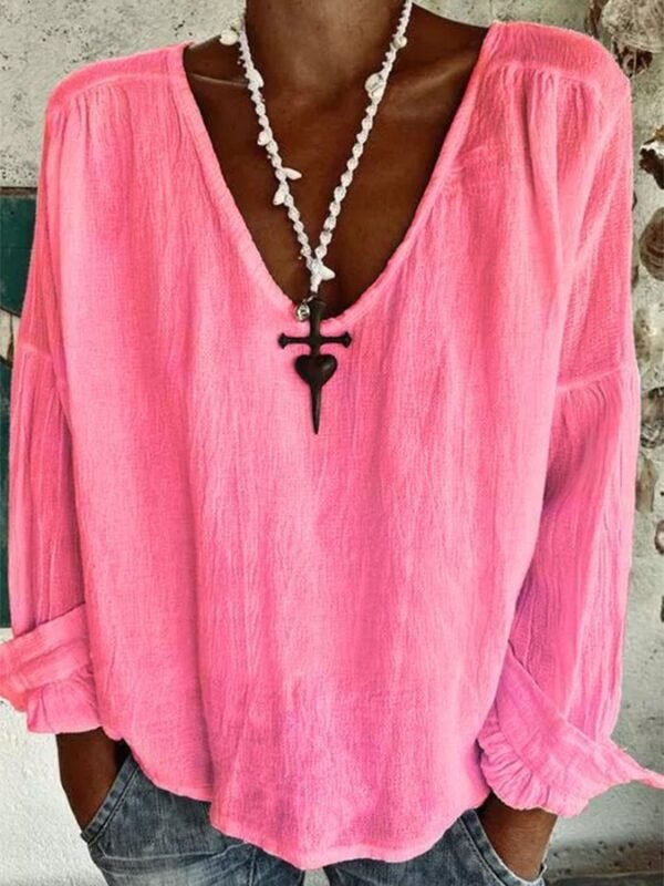 Solid Color And V-neck Long-sleeved Exquisite Linen T-shirt Shirt - Image 4