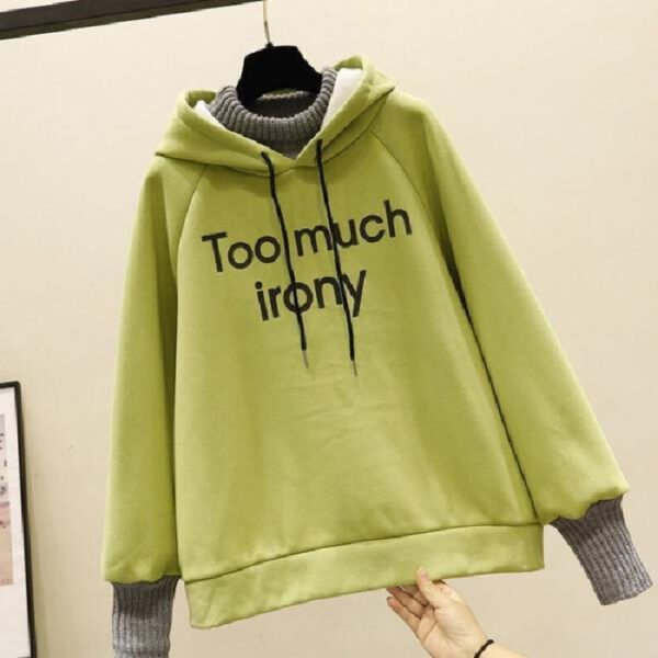 Fake Two-piece Fashion Tops Fleece-lined Thickening Print Letter Hooded Sweater - Image 4