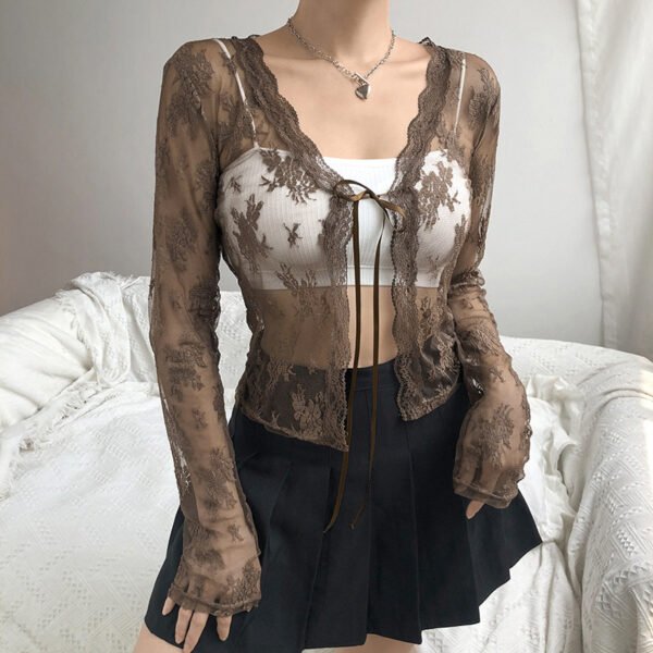 Lightly Mature Outer Tops Lace Lace-up Slim-fit Long-sleeved Cardigan - Image 8