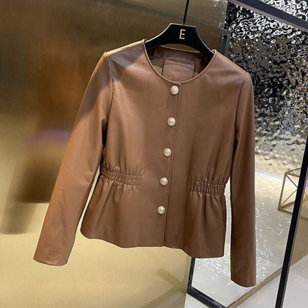 Round Neck Washed Leather Single-breasted Waist Slim Fit Coat - Image 3