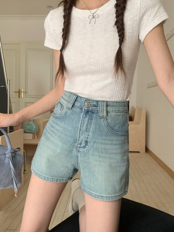 Women's Four Sided Elastic Light Colored High Waisted Denim Shorts - Image 10