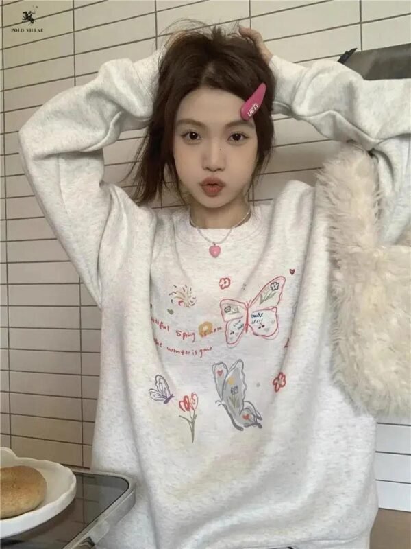Light Gray American Retro Lazy Style Round-neck Non-hoodie Sweater - Image 4