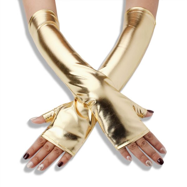 Elastic Tight Patent Mid-length Open Finger Leather Gloves - Image 4