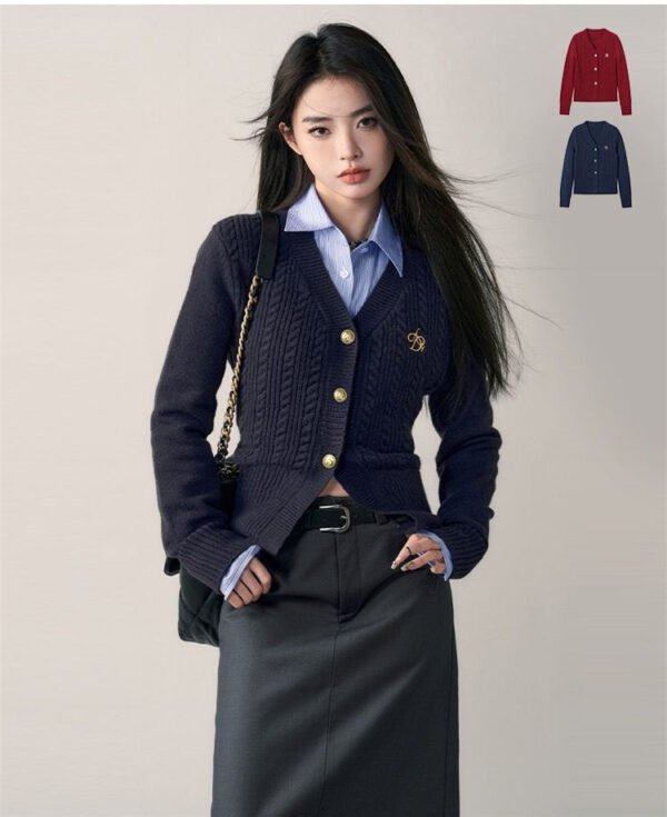 Preppy Style V-neck Slim Fit Sweater Cardigan - Image 8