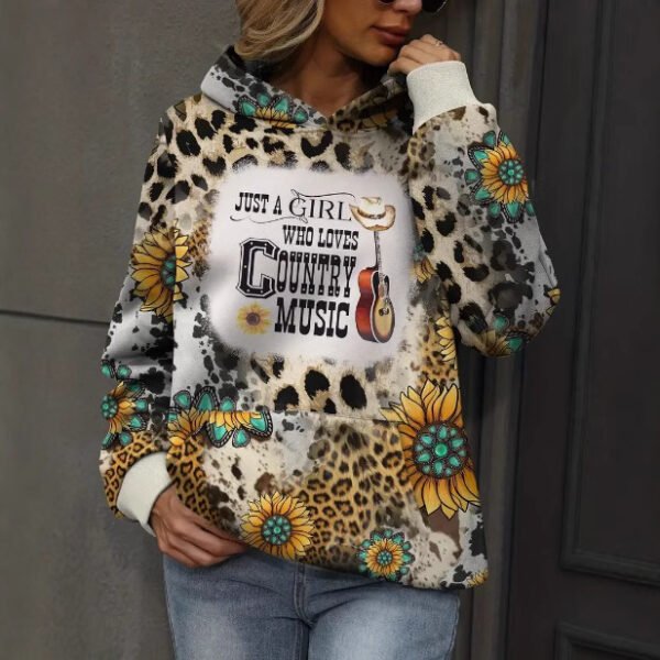 Color Pattern Printed Drawstring Hooded Sweater - Image 3