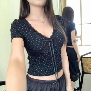 Pure Sweet Hot Girl Black Bm Floral Lace Short Sleeve