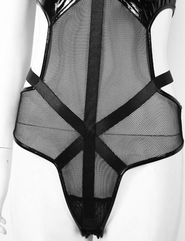 Mesh Faux Leather PU Hollow Halter One Piece Lingerie - Image 5