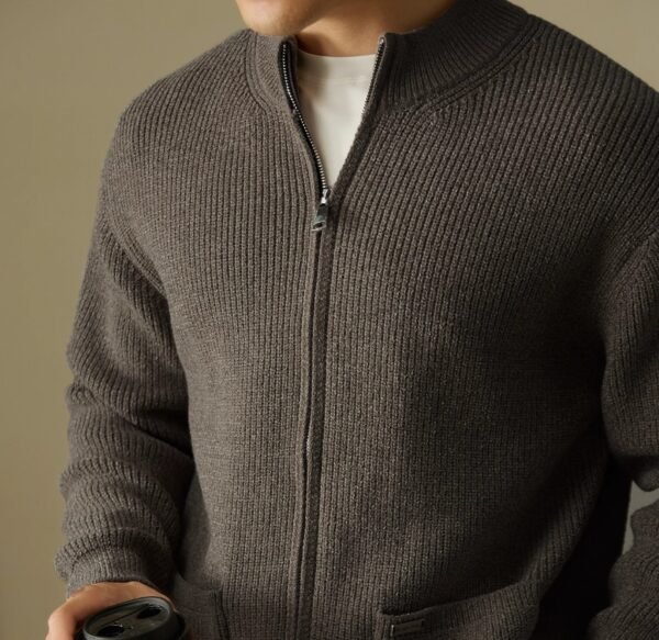 Anti-Pilling Heavy Zipper Knitted Cardigan Stand Collar Pocket Sweater - Image 3