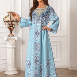 High Density Rhinestone Floral-print Beaded Robe Elegant Round Neck Dress