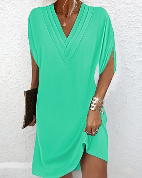 V-neck Pleated Batwing Sleeve Dress - Image 6