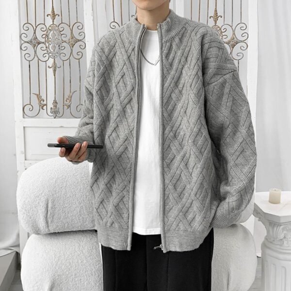 Casual Stand Collar Solid Color Autumn And Winter New Cardigan Cable-knit Sweater Men - Image 2