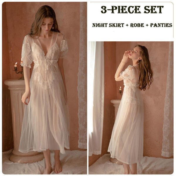 Women Chemise White Polyester Lace Sheer Stretch Chemise Overcoat Panty 3-Piece Set Sexy Lingerie Outfit - Image 9