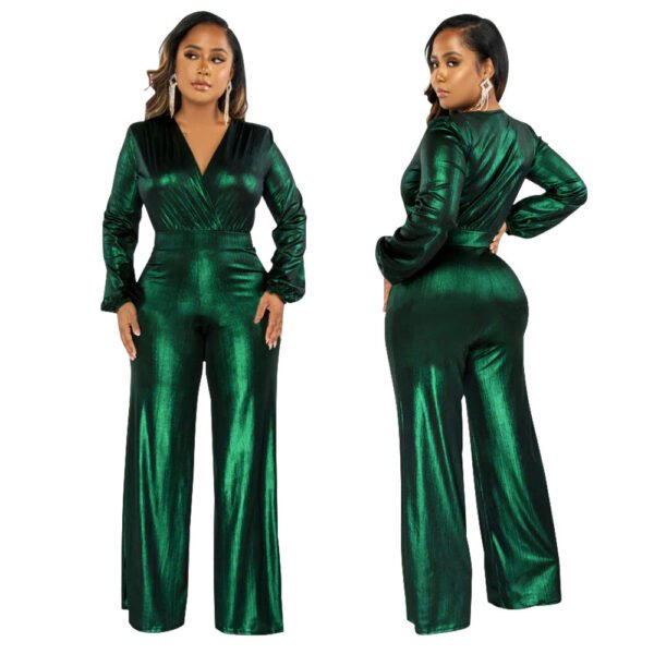 Sexy V-neck Lantern Sleeve Bronzing Jumpsuit - Image 3