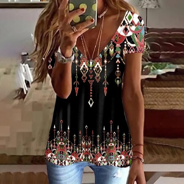 New 3D Map Printed Pattern V-neck Short Sleeve - Image 5