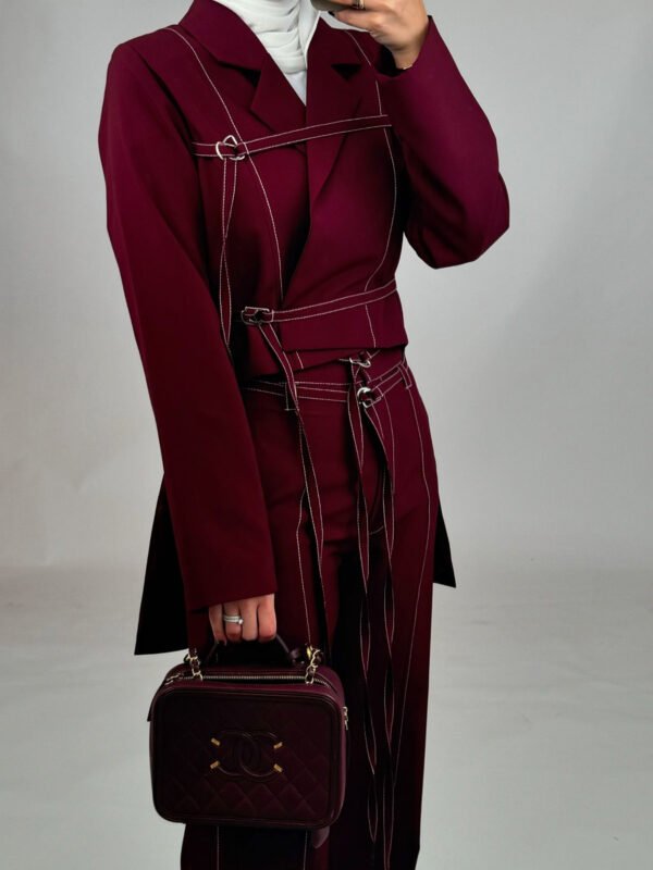 Burgundy Lace-up Top & High-waisted Pants Set - Image 5