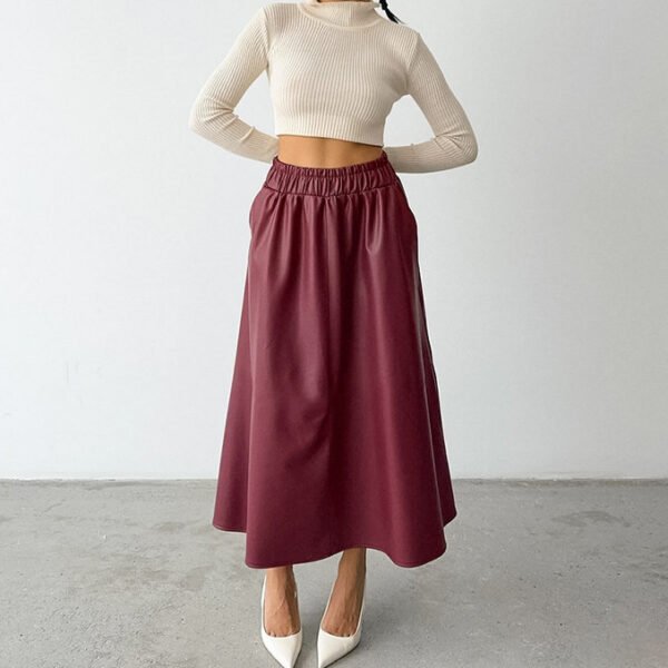 Wine Red Faux Leather High Waist Skirt - Image 2