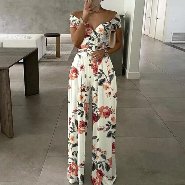 European And American Fashion Off-shoulder Printed Temperament Commute Casual High Waist Jumpsuit Women - Image 3