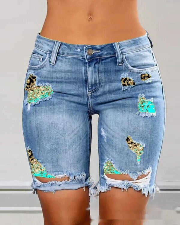 Color Contrast Patchwork Ripped Fake Two-piece Denim Shorts - Image 7