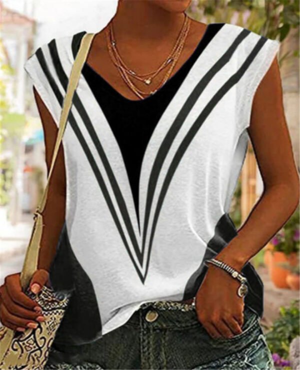 V-neck Casual Loose Striped Printed Short Sleeve T-shirt - Image 2