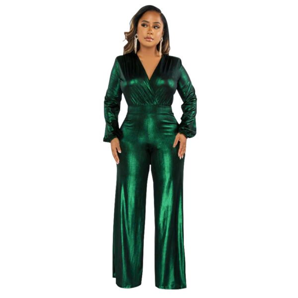 Sexy V-neck Lantern Sleeve Bronzing Jumpsuit - Image 2