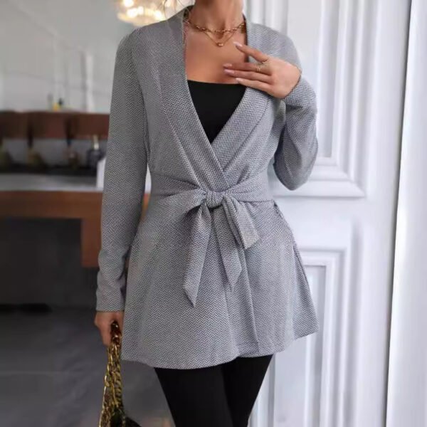 Solid Color Herringbone Print Waist Trench Coat - Image 3