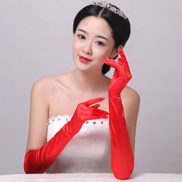 Double-row Beaded Satin Sun Protection Scar Cover Up Oversleeve Bridal Wedding Gloves - Image 4