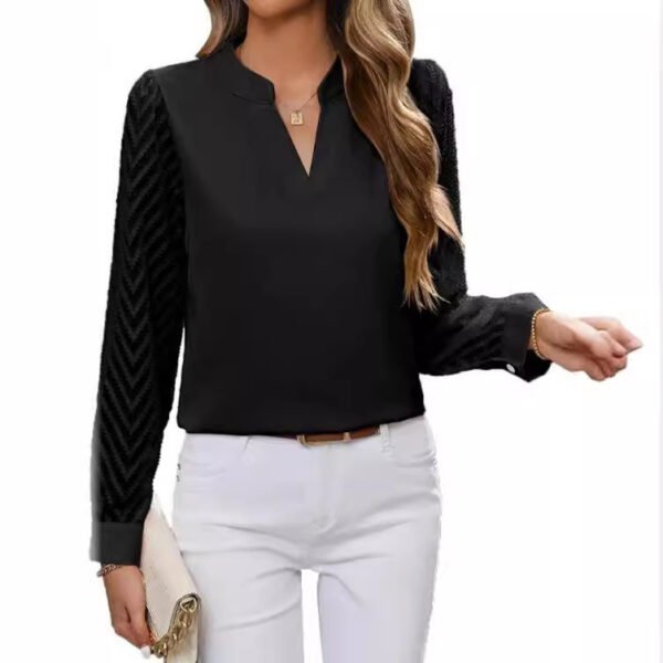 Chiffon Patchwork Long Sleeve Solid Color And V-neck Shirt - Image 5