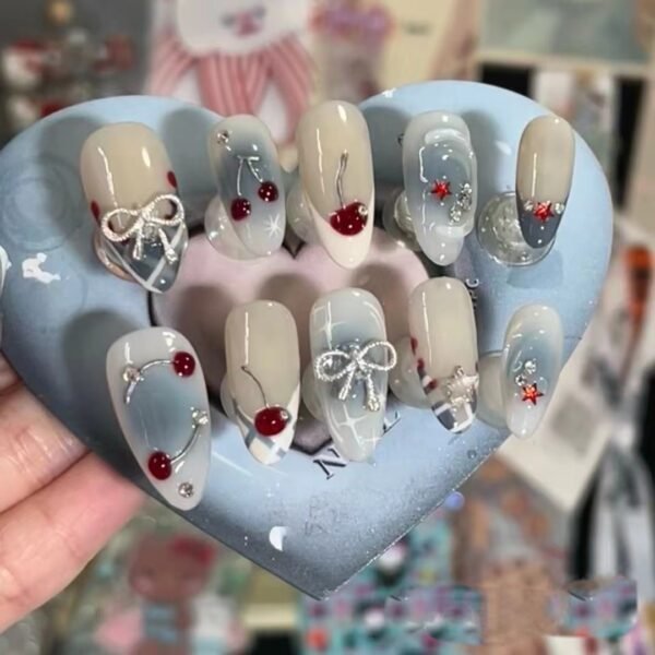 Handmade French Blue Gradient Wear Nail Cherry Bow - Image 2