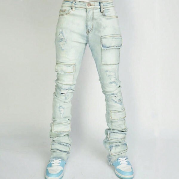 Men's Denim Straight-leg Overalls European And American Fashion Stretch Ripped Laminated Micro-pull Pants - Image 4