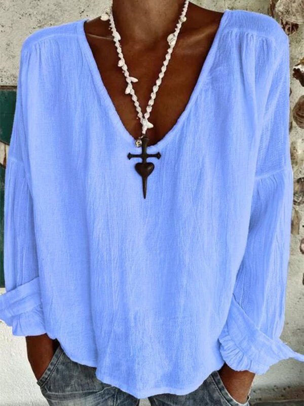Solid Color And V-neck Long-sleeved Exquisite Linen T-shirt Shirt - Image 7