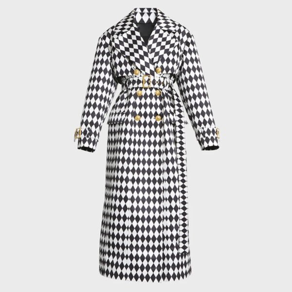 Black And White Diamond Grid Belt Long Trench Coat - Image 2