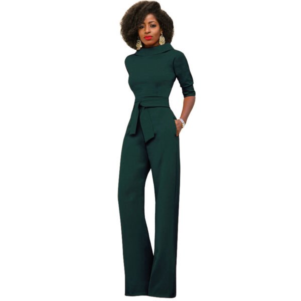 Women's Solid Color Five Quarter Sleeve High Waist Wide Leg Jumpsuit - Image 8