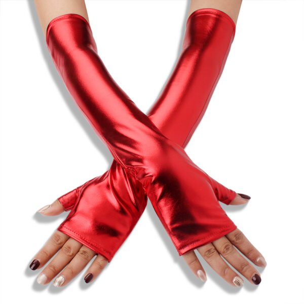 Elastic Tight Patent Mid-length Open Finger Leather Gloves - Image 3
