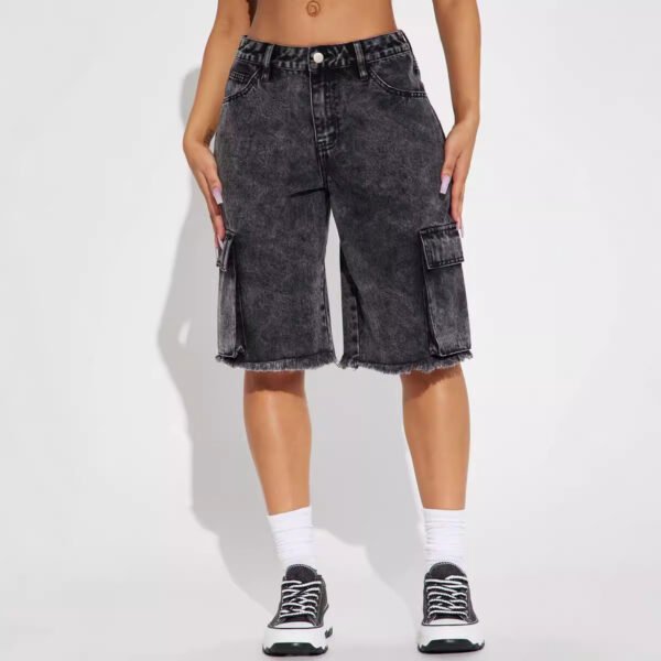 Street Washed Frayed Hem Women's Denim Straight Short Pants - Image 4