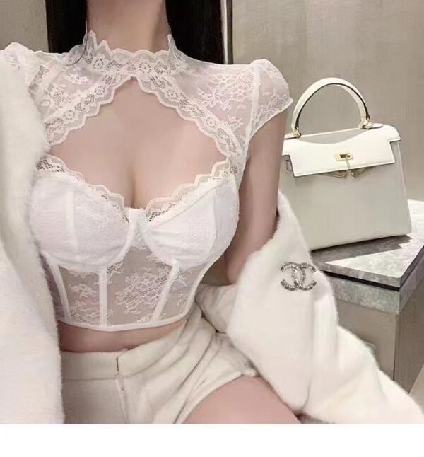 European And American Style Lace Diamond Sexy Cutout Steel Ring Fishbone Slim Fit Crop-top Short Top - Image 6