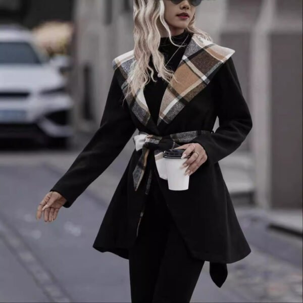 Lace-up Plaid Color Matching Wool Mid-length Trench Coat For Women - Image 2