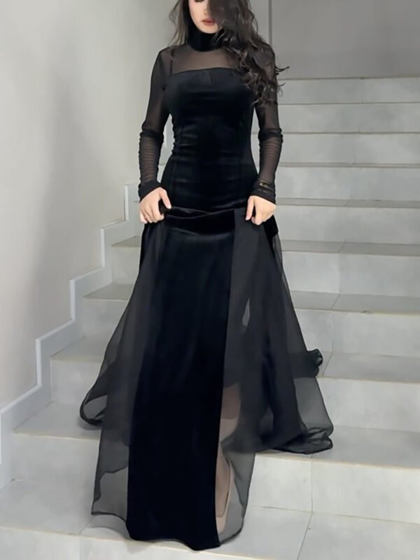 Black Velvet Patchwork Mesh Maxi Dress - Image 4