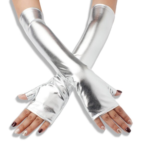 Elastic Tight Patent Mid-length Open Finger Leather Gloves - Image 2