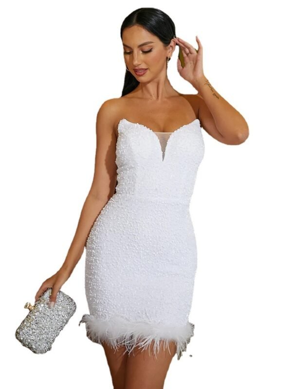 Tube Top Feather Slit Mid-length Polyester Evening Dress - Image 2