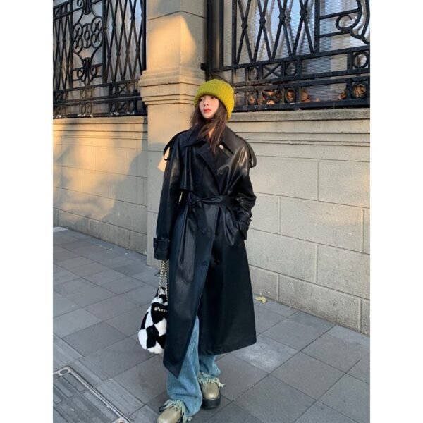 Advanced Sense Black Leather Coat Thick Loose - Image 6