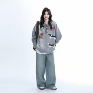 Women's American-style Gray Round-collar Knitted Cardigan