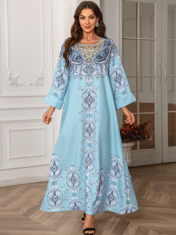 High Density Rhinestone Floral-print Beaded Robe Elegant Round Neck Dress - Image 4