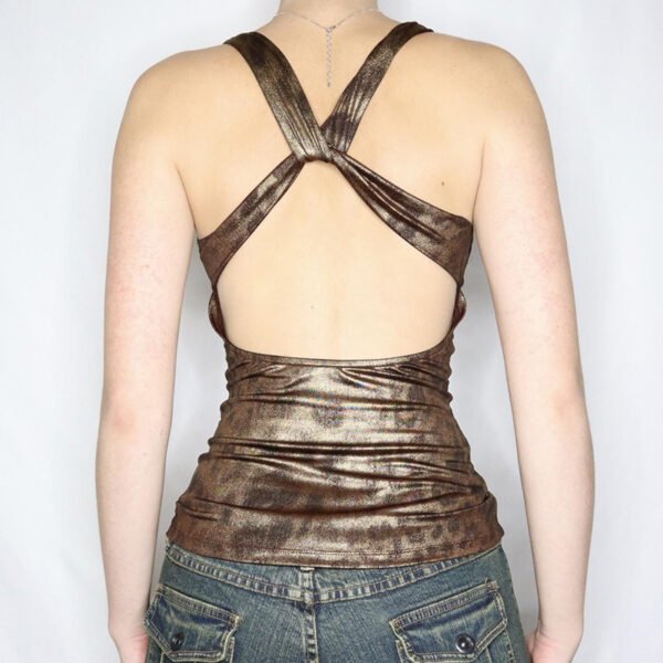 Glossy Leopard Print Contrast Color Slim V-neck Backless Spaghetti-strap Camisole Top - Image 3