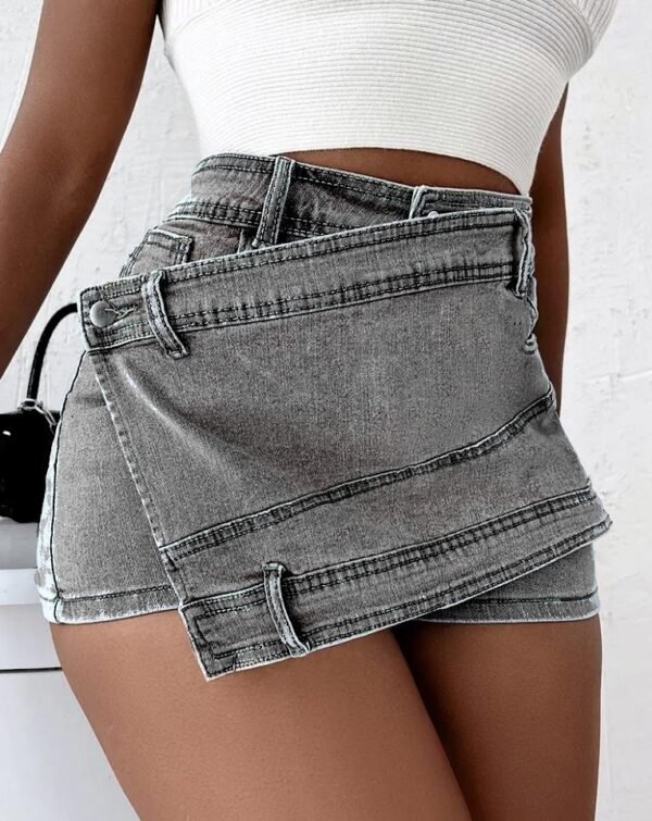 Y2K Street Vintage Denim Shorts Stretch Overlap Waist Wrap Solid Asymmetrical Hem A-Line Skinny Mini Skorts Skirt - Image 5
