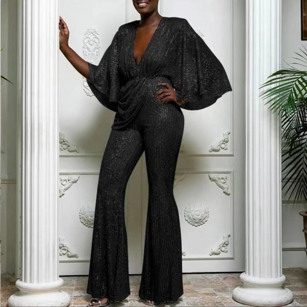 Sequined Deep V-neck And Backless Jumpsuit Trousers - Image 8